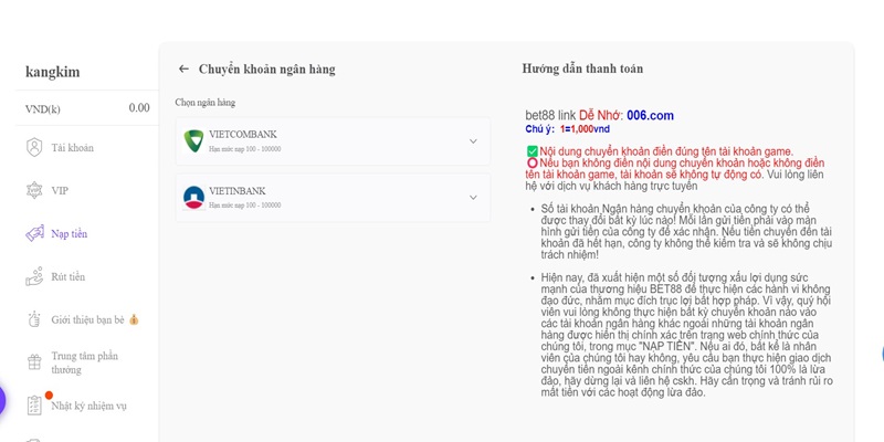 Nạp tiền bet88 qua tài khoản ngân hàng dễ dàng